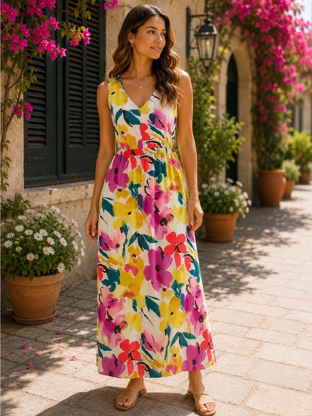 The Limited Floral Maxi Dress Sleeveless  Tropical Watercolor Print Petite Small
